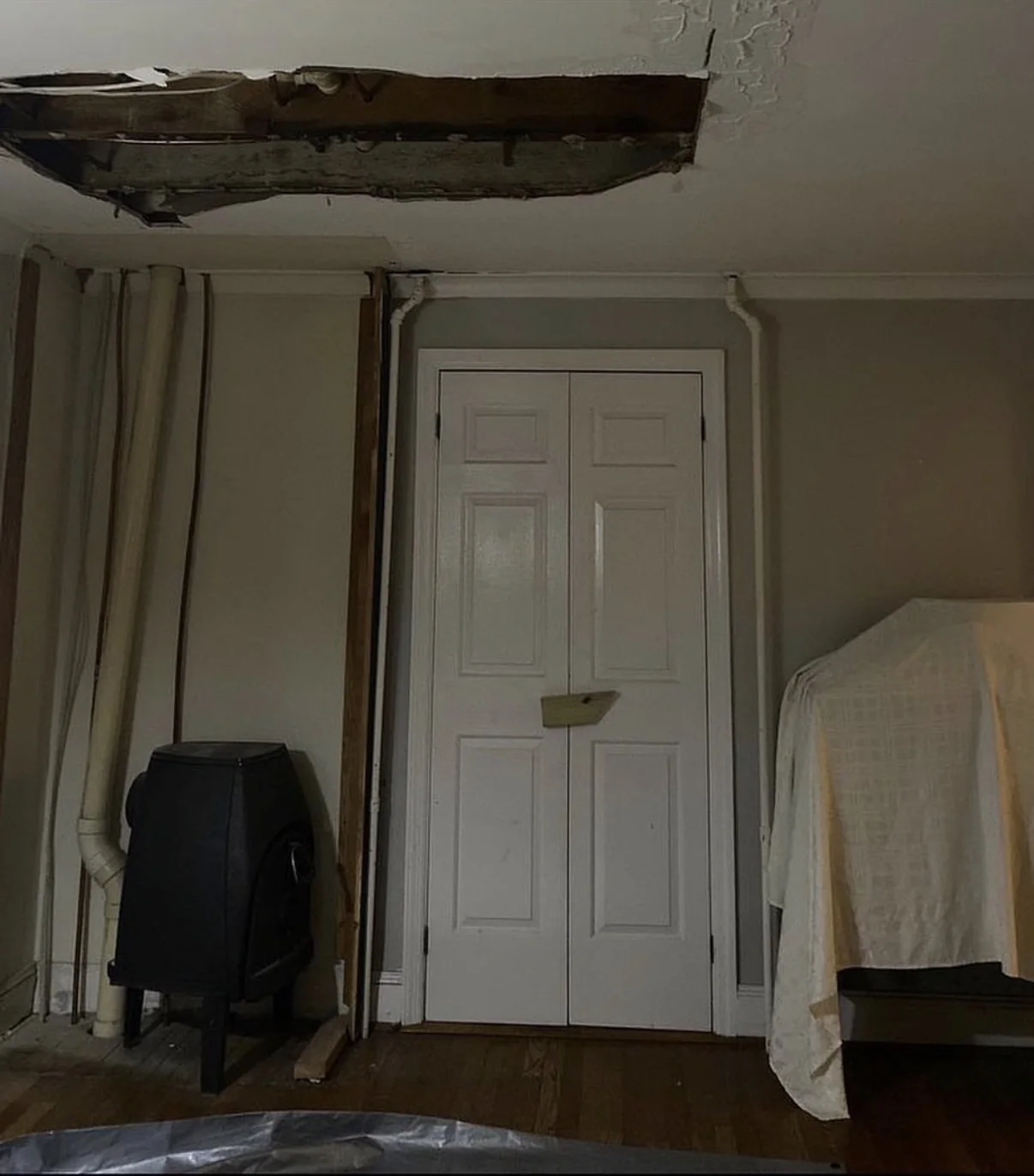 Room during the early stage of water-damage restoration